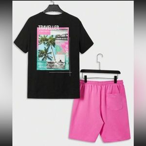 Manfinity Chillmode Men Coconut Tree & Letter Graphic Tee & Shorts